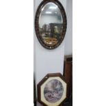 Early XX Century Oval Bevelled Wall Mirror, with a tortoiseshell effect frame. Floral print (2).