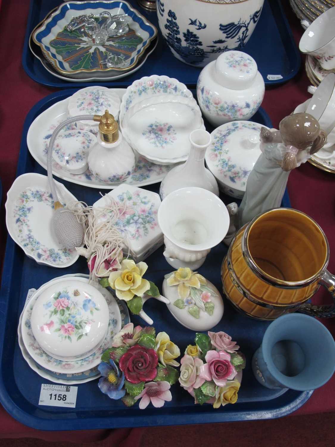 Wedgwood 'Angela' Trinkets. Floral posies, Lladro girl holding cat 574, etc:- One Tray.