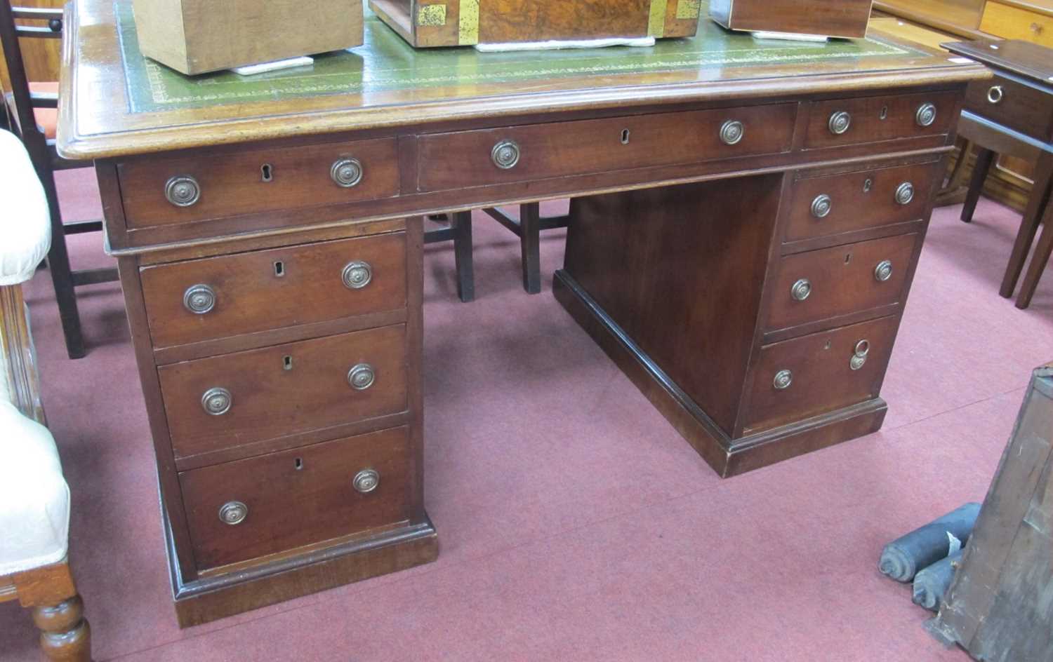 A XIX Century Mahogany Pedestal Desk, with crossbanded top inset with green leather sciver over - Image 2 of 2