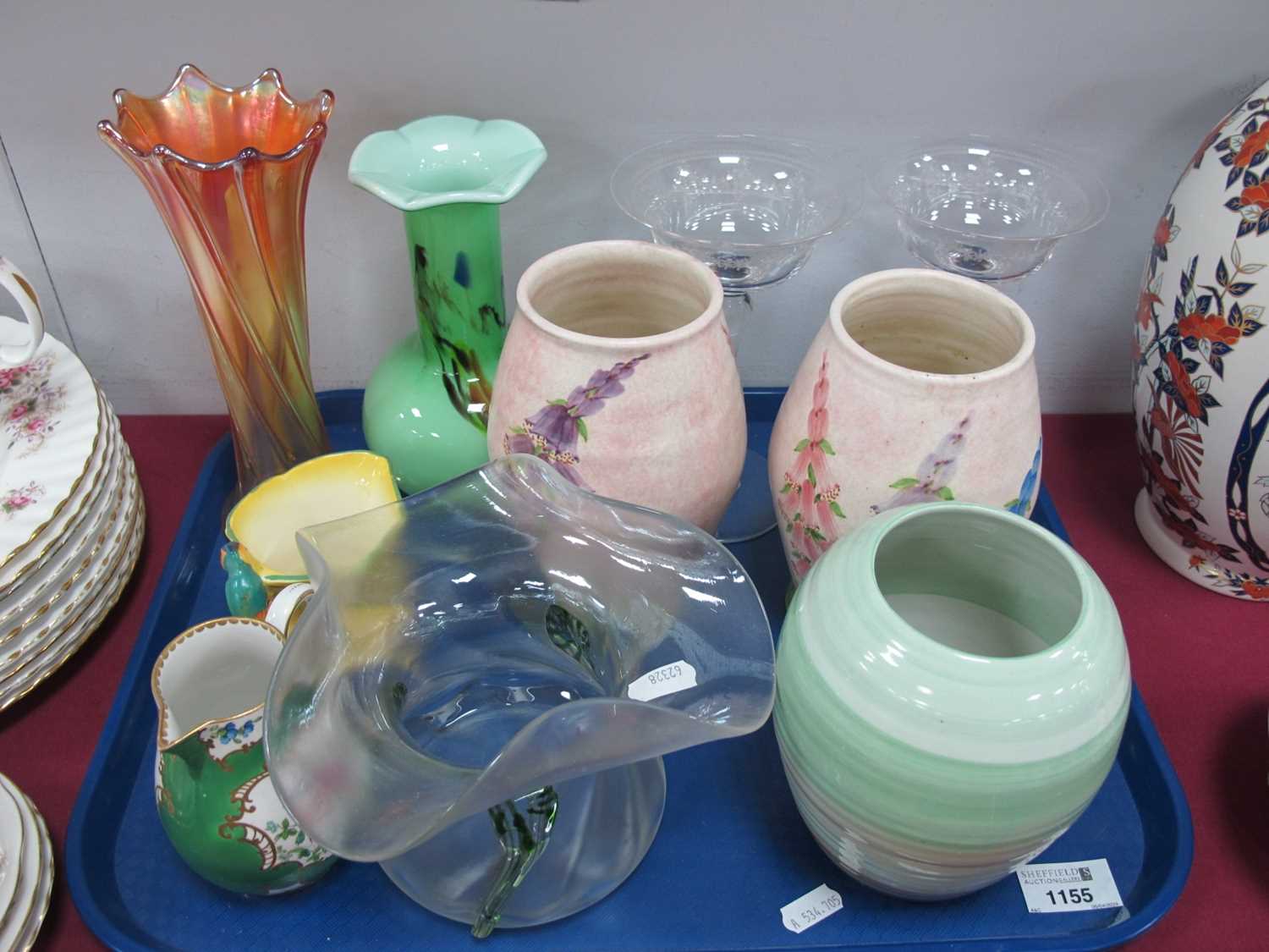 Art Nouveau Triform Glass Vase, 12.5cm high, Shelley and pair of Radford vases, jugs, glassware:-