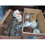 Six Victorian Stoneware Hot Water Bottles, etc, cutlery and cash boxes, linens:- Two Boxes