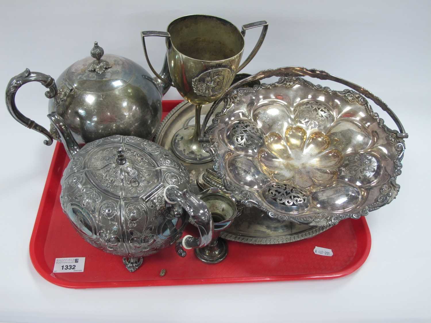 Late XIX Century Plated Engraved Teapot, Mappin Webb plated basket with pieced decoration, etc:- One