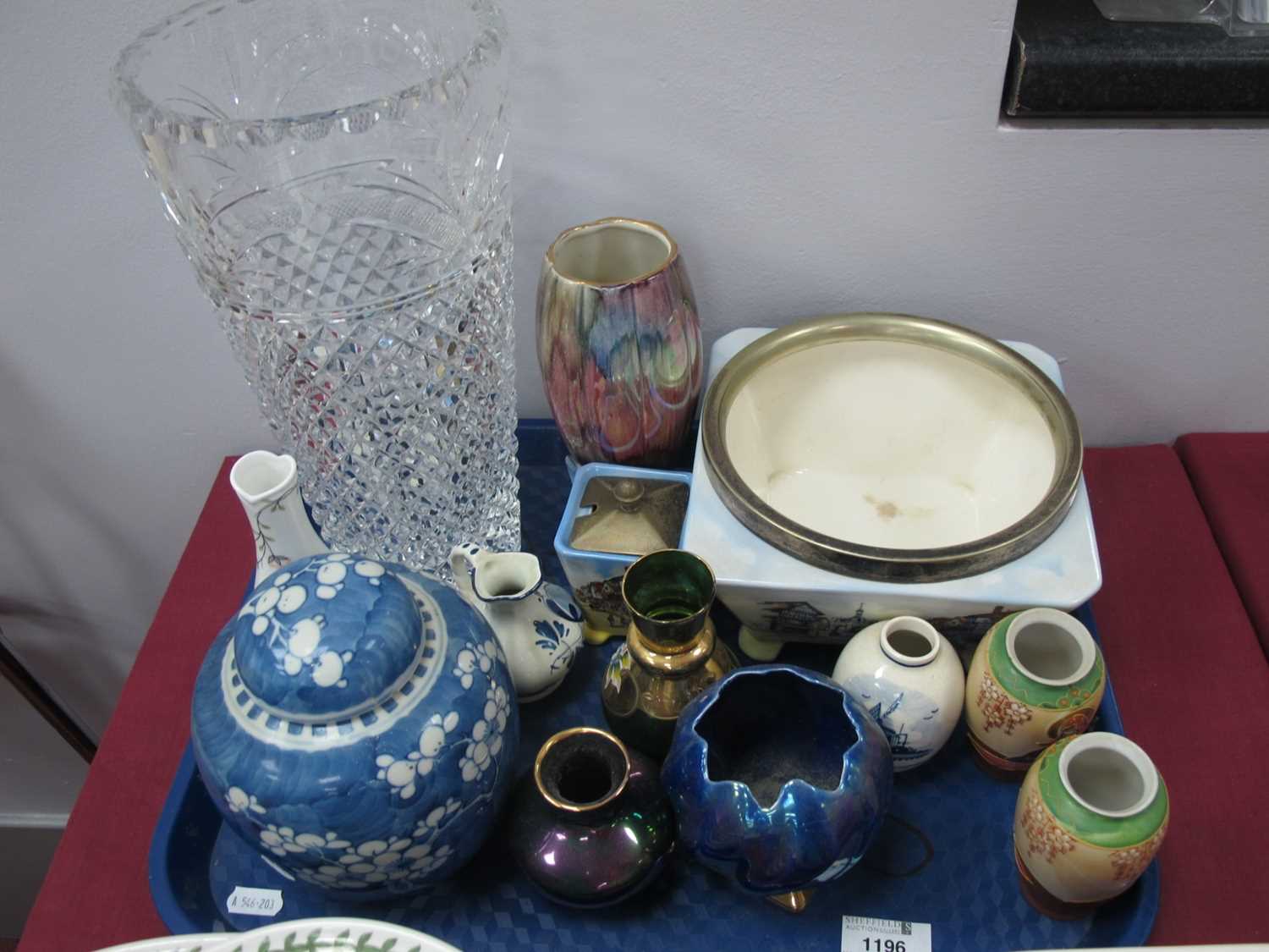 Chinese Blue-White "Primus' Jar-Cover, cut glass vase, Hanley bowl, with a pleated collar, etc:- One