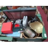 Scales and Weights, cutlery, watches, postcards, folio of prints, tankard, etc:- One Box