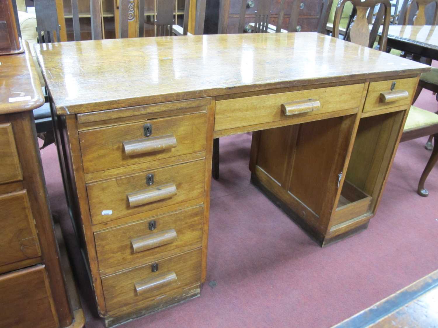 XX Century Mahogany Pedestal Desk, three top drawers, brushing slide, three graduated drawers (no