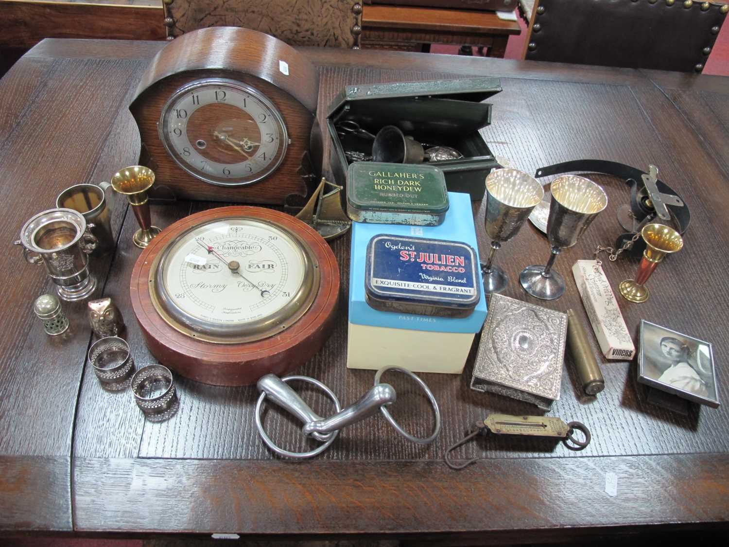 Short & Mason Barometer, mantle clock, horn beaker, cutlery, brass bell, metalware:- One Box.
