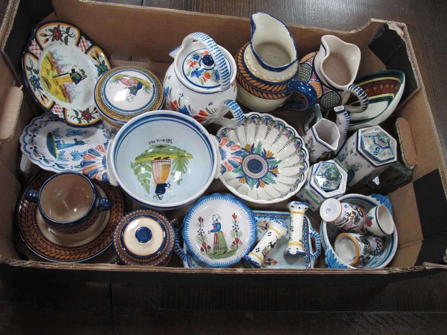Quimper Pottery, to include jugs, coffee set, bowls, plates, etc:- One Box