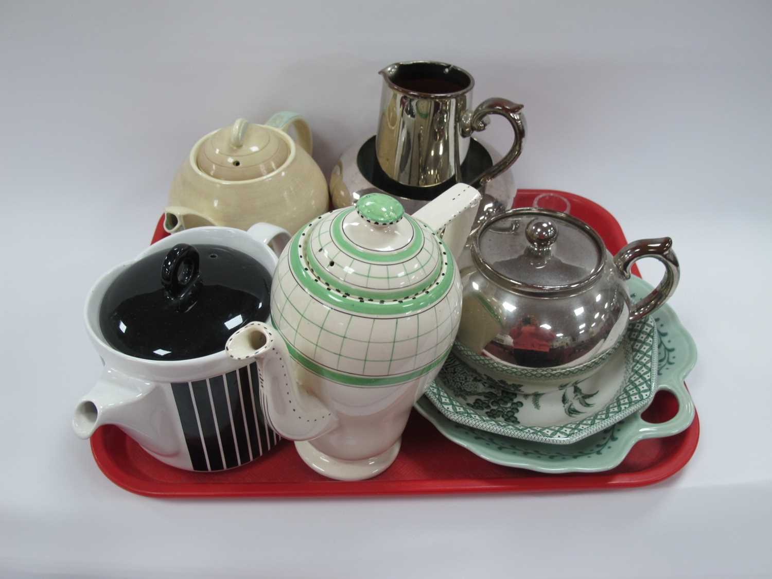 Susie Cooper Art Deco Style Teapot, silver lustre teapot, jug, milk jug, etc:- One Tray.