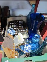 Blue Glass Italian Bath Salt Bottles, thimbles, plated tea service:- One Box