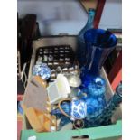 Blue Glass Italian Bath Salt Bottles, thimbles, plated tea service:- One Box