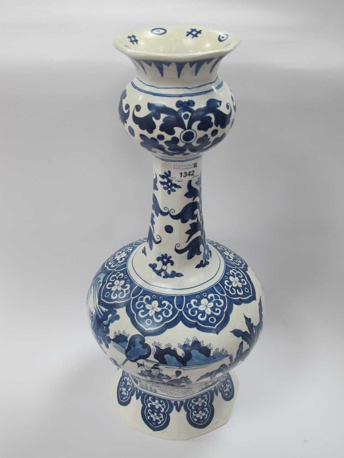 Delft Blue & White Pottery Vase, of double gourd form, on octagonal boase, painted number 104 over