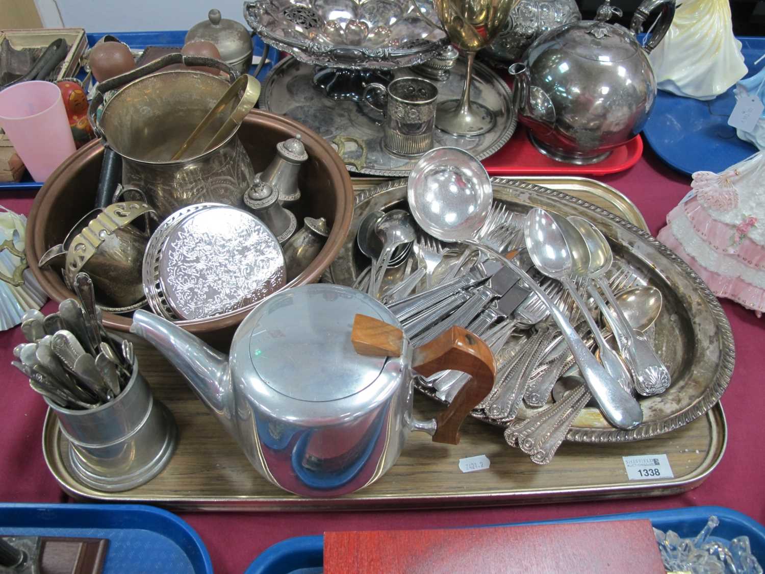 Various Plated and Stainless Cutlery, copper bowl, Picquot teapot, condiments, etc.