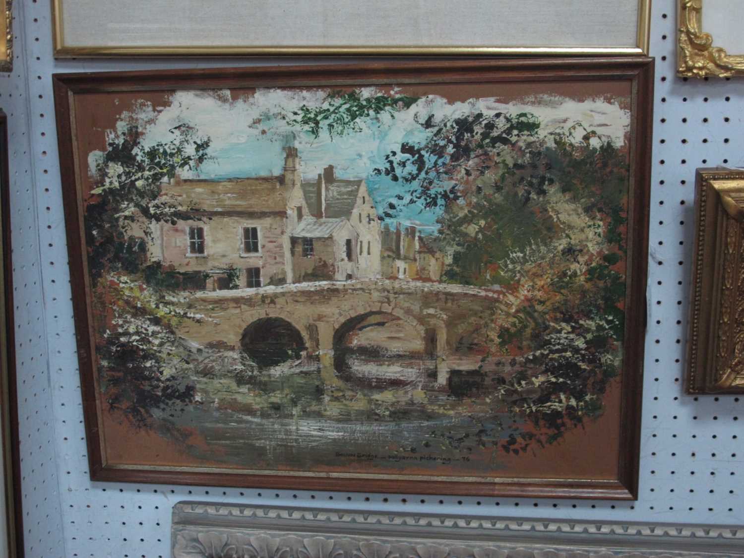 Pollyanna Pickering -76- Oil on Board, Baslow Bridge, signed 38.5 x 53cm.