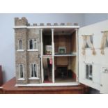 Dolls House, with a turret top, facade and side, with pebble dash, arched windows, interior with a