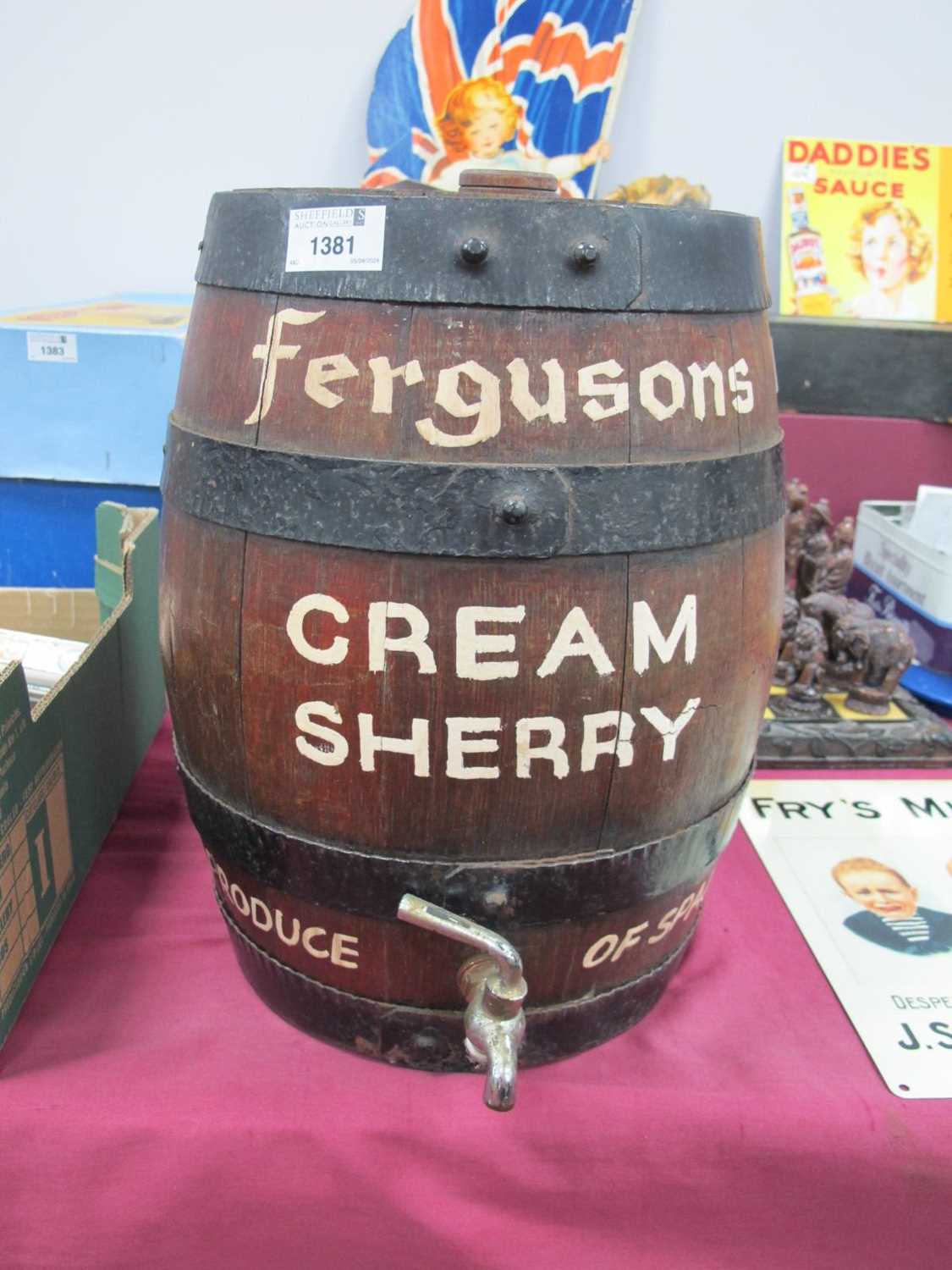 Ferguson's Cream Sherry Iron Coopered Wooden Barrel, having plated tap, 35cm high.