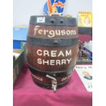 Ferguson's Cream Sherry Iron Coopered Wooden Barrel, having plated tap, 35cm high.