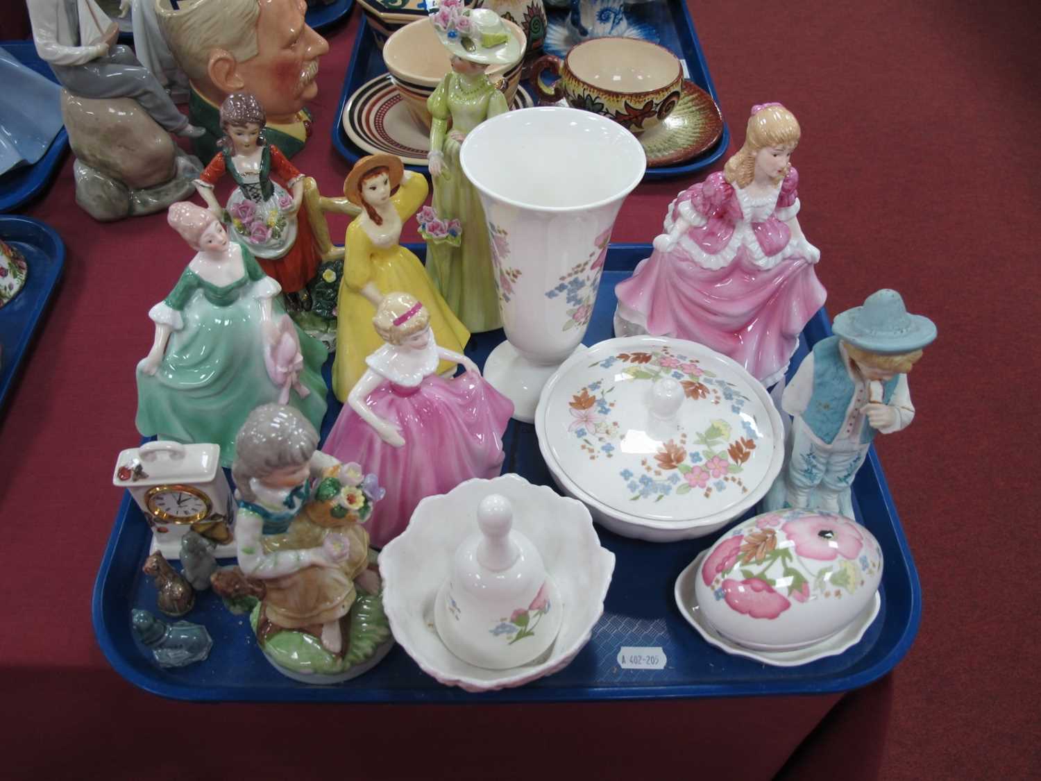 Wedgwood 'Meadow Sweet' Vase and Bell, Leonardo figures, etc:- One Tray.