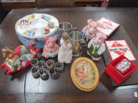 Monopoly, Wade pigs, Sheffield United tankards, boxed coffee set, napkin rings, nursery mug, etc:-