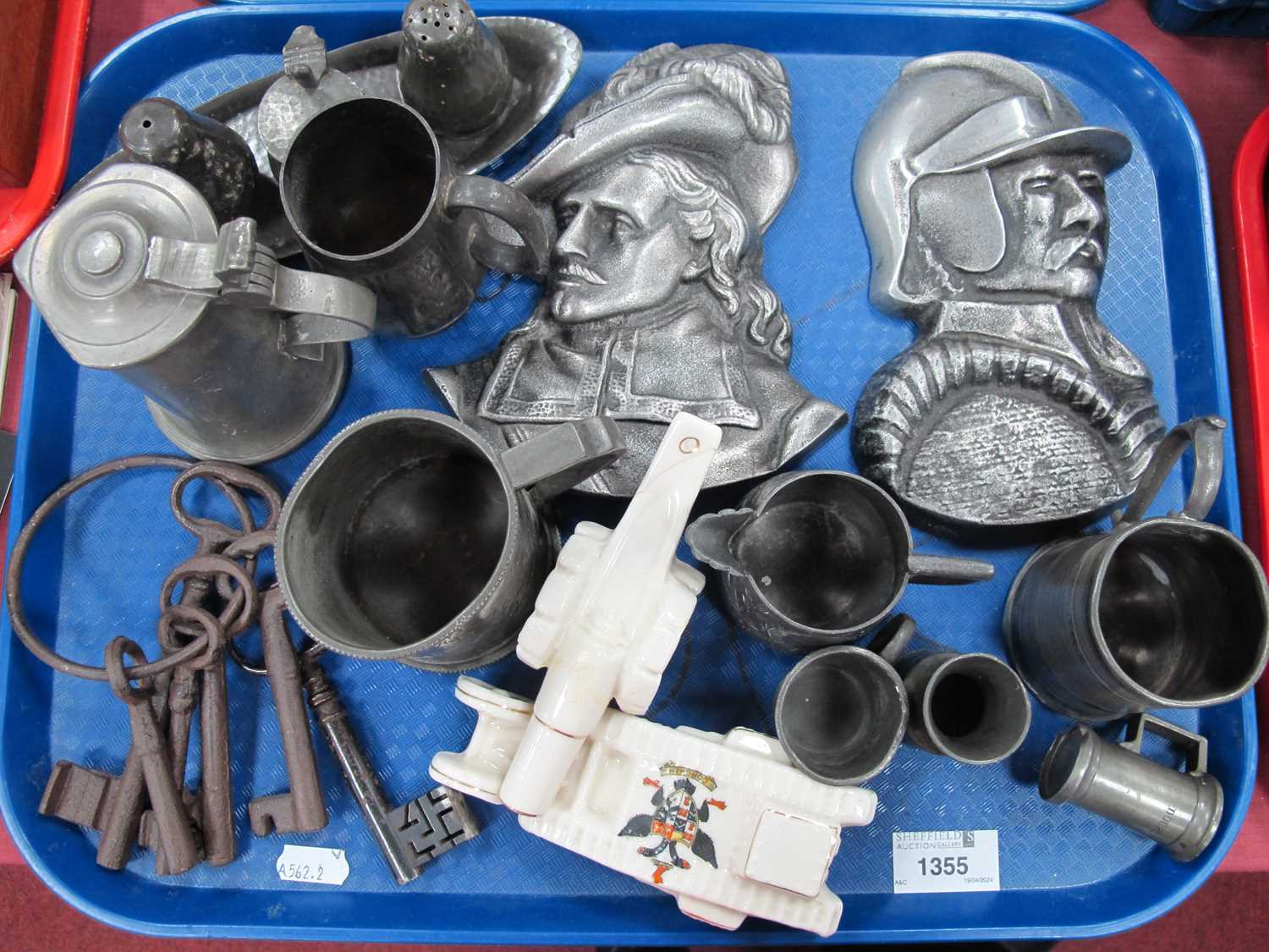 XIX Century Iron Keys, Arcadian crested WWI tank, pewter condiments, measures, wall plaques etc:-