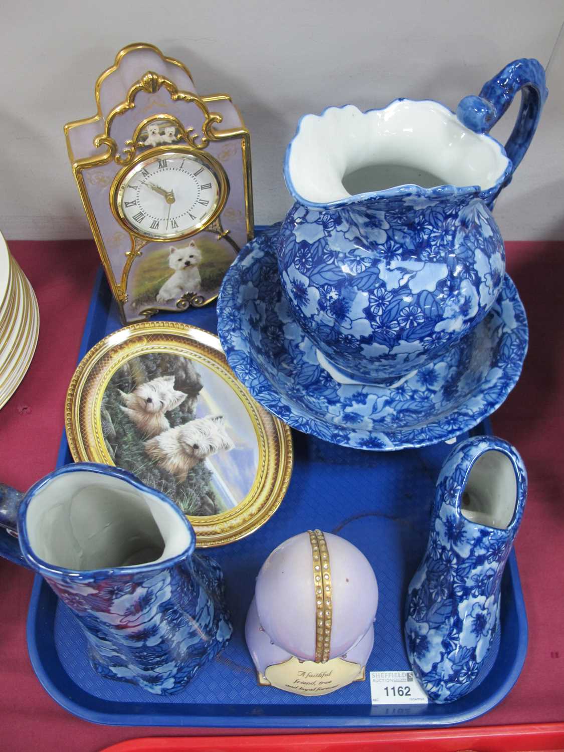 Bradex 'Loyal Companion' Heirloom Clock and egg blue and white ceramics, oval plate.