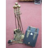 Brass Fireside Companion Set on Stand, a metal coal bucket with a hinged lid. (2).