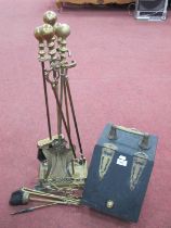 Brass Fireside Companion Set on Stand, a metal coal bucket with a hinged lid. (2).