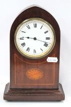 Early XX Century Edwardian Mahogany Inlaid Mantel Clock, with a white dial, Roman numerals, case