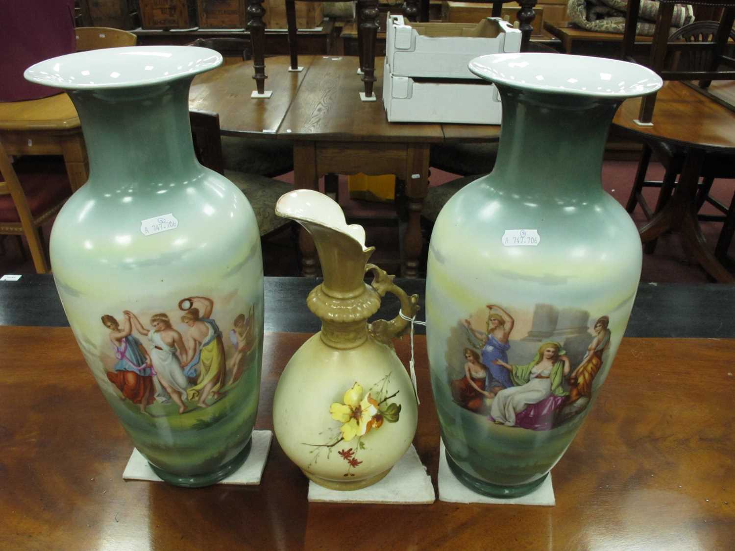 Pair of Early XX Century Continental Porcelain Vases, featuring classical scenes, 37.5cm high. - Image 2 of 2