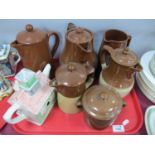 Four Lovatt's Hot Water Jugs, Langley jug, Cauldon lidded pot, Swineside teapot:- One Tray.