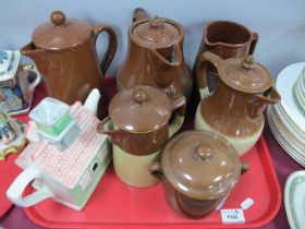 Four Lovatt's Hot Water Jugs, Langley jug, Cauldon lidded pot, Swineside teapot:- One Tray.