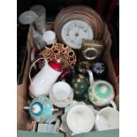 Barometer (glass absent), Acctim carriage clock, Cellini plates, other ceramics, camera:- One Box