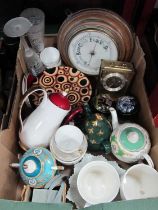 Barometer (glass absent), Acctim carriage clock, Cellini plates, other ceramics, camera:- One Box