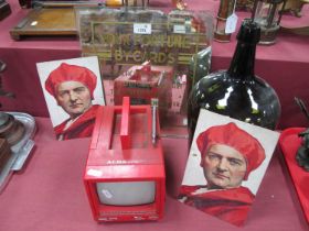 Alba 5" Red Plastic Cased Portable TV. Green bottle, tarot card advertising mirror and two free