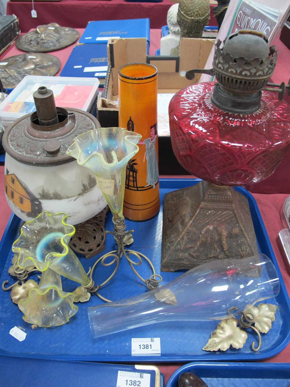 Late XIX Century Iron Based Oil Lamp, with cranberry well, one other, epergne and flutes, 1930's