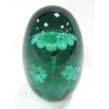 XIX Century Green Glass Dump, ovoid form with vase of flowers inner design 13.5cm high