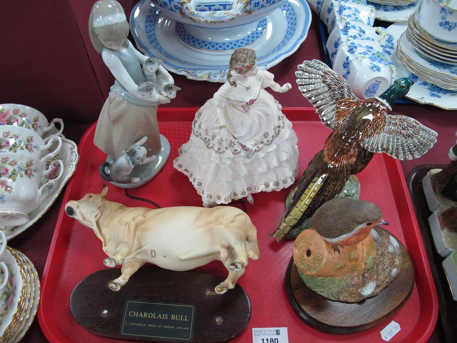 Beswick Pheasant and Charolais Bull. Worcester 'The Fairest Rose' figurine, another by Lladro, all