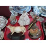 Beswick Pheasant and Charolais Bull. Worcester 'The Fairest Rose' figurine, another by Lladro, all