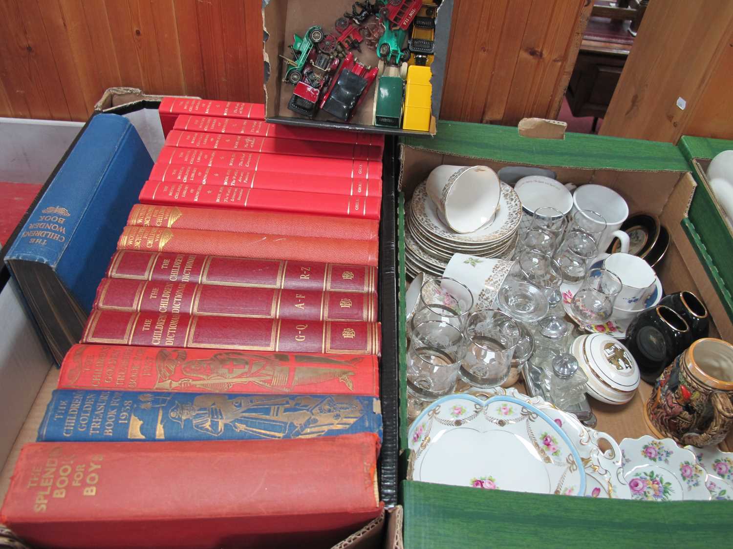 Noritake Dish, teaware, glassware, children's encyclopedias plus diecast vehicles etc;- Two Boxes.