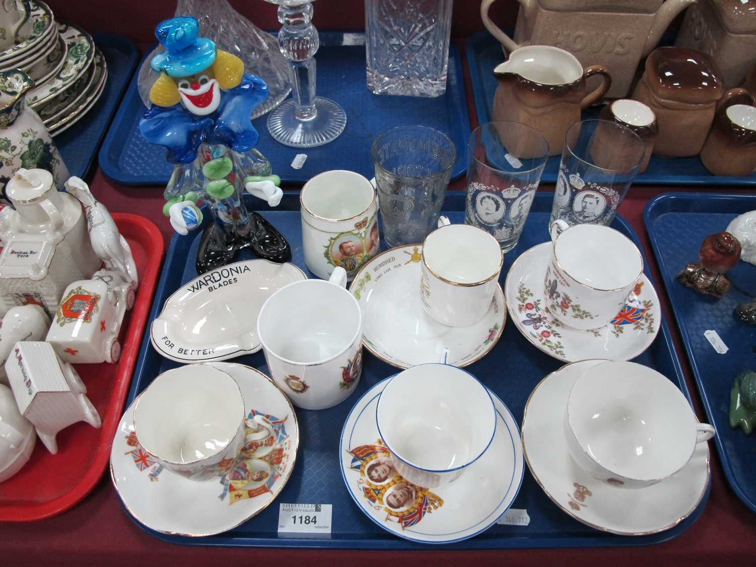 1897 Queen Victoria Pressed Glass Beaker, two 1937 beakers, Royalty cups and saucers. Wardonia