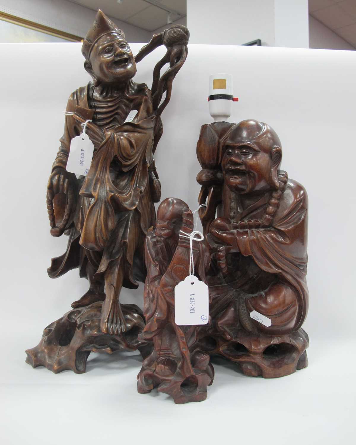 Carved Hardwood Figure of Budha (converted to a table lamp). 29cm, Oriental carved hardwood root