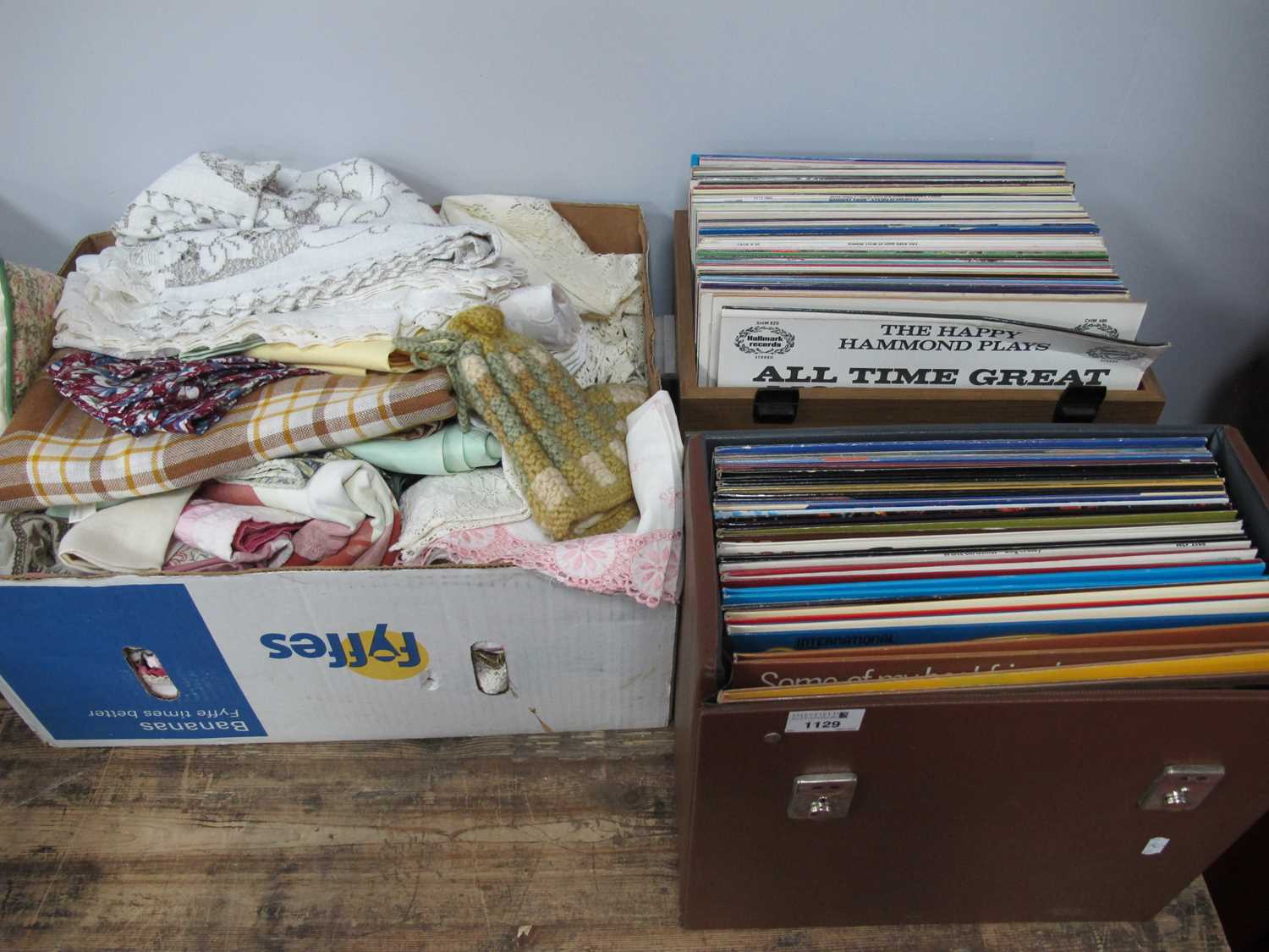 33rpm Records - easy listening predominate:- Two Boxes. Linens in another box. (3).