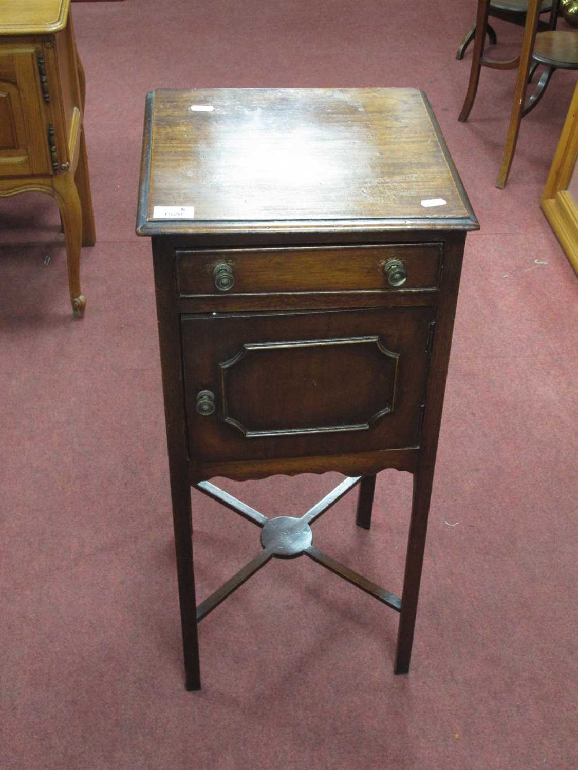 XIX Century Bedside Cupboard, with a single drawer, over cupboard door, on chamfered supports.