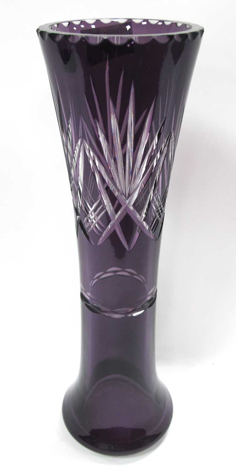 An Amethyst Cut Glass Vase, 33cm high.