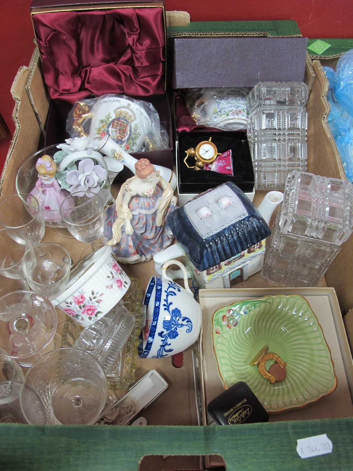 Commemorative China, Doulton small figures, glass tidy jars, Devon jam dish, etc:- One Box.