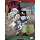 Commemorative China, Doulton small figures, glass tidy jars, Devon jam dish, etc:- One Box.