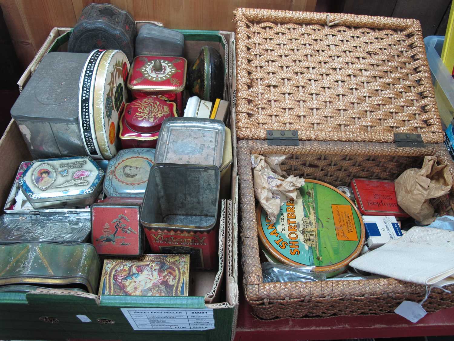 Tins - Ovaltine, Rowntree and others, needlework items and basket