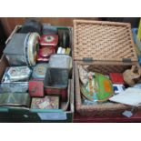 Tins - Ovaltine, Rowntree and others, needlework items and basket