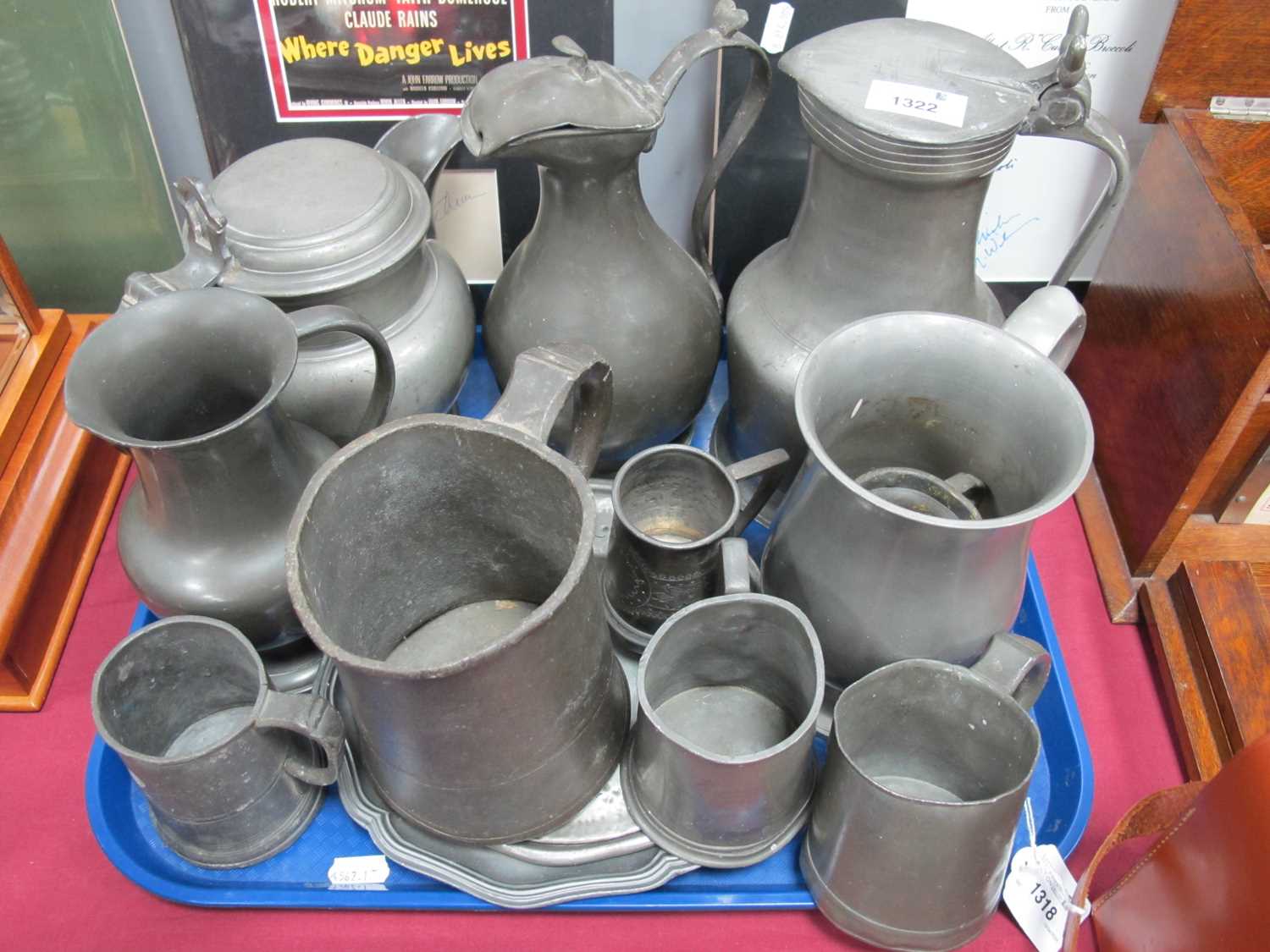 XIX Century Pewter Flagons, tankards, one stamped James Yates (Kent County) etc:- One Tray.