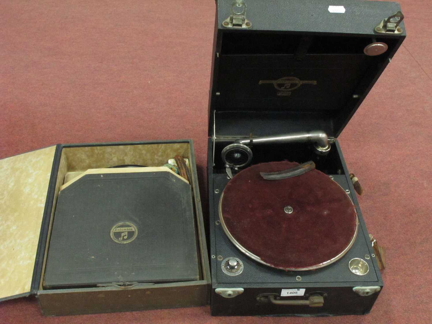 Columbia Portable Gramaphone, No 109, with swivel arm, in black casing, records and needles - Image 2 of 2