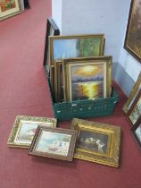 Cat Print in Gilt Frame; W. Smith, Sunset Port Scene, oil on board, other original artwork and